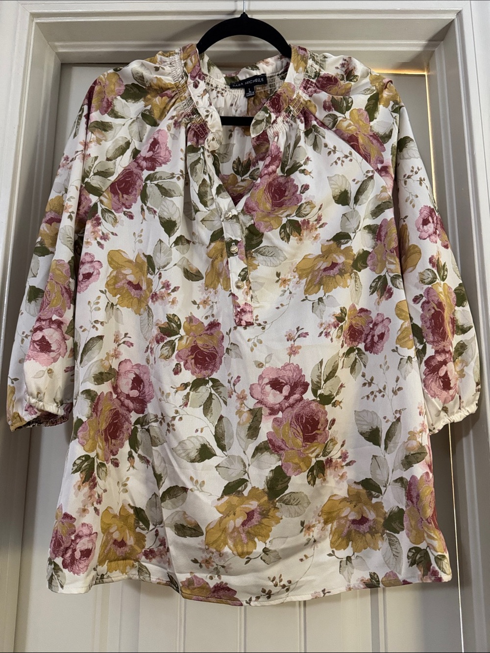 Sara Michelle White Floral Pintuck Tunic with Pink & Yellow Roses